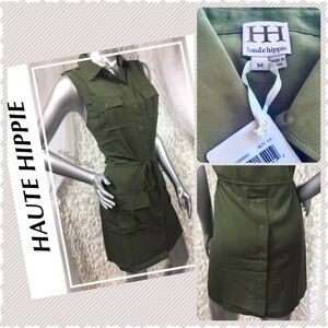 HAUTE HIPPIE | Green Cinch Waist Tunic Dress NEW Belted Collared Shift Dresss